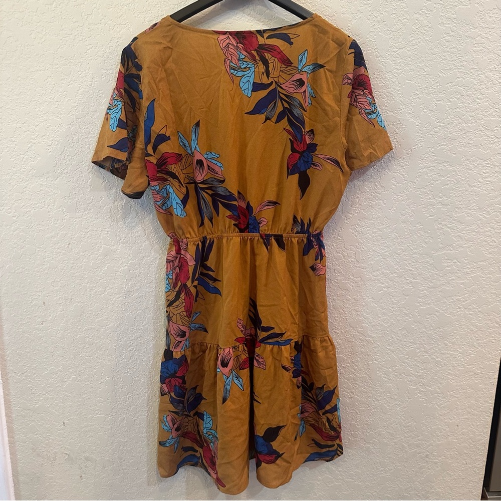 SHEIN XL Brown Floral Print Ruffle V-Neck Boho Fall Babydoll Mini Dress - Picture 4 of 8